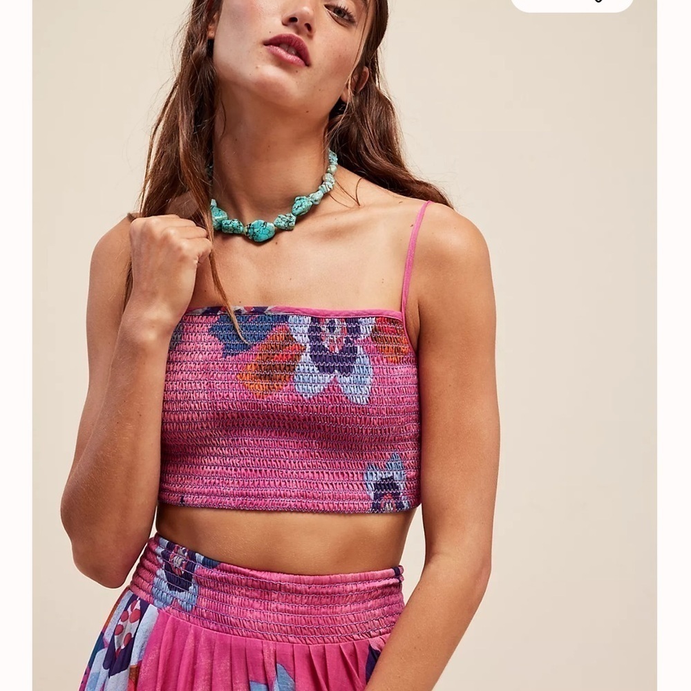 Free People Lucia Printed Smocked Crop Top Pink Floral Boho Summer M